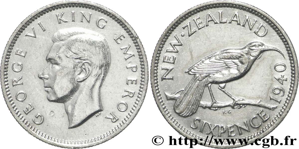 NUEVA ZELANDA
 6 Pence Georges VI / oiseau Huia 1940  EBC 