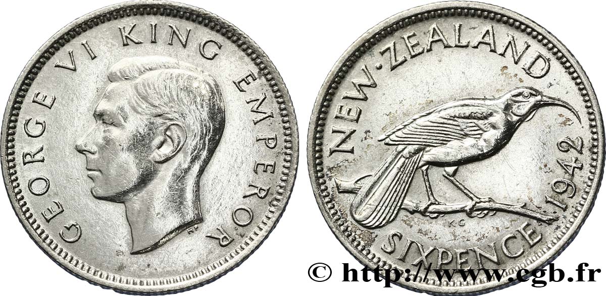 NEW ZEALAND 6 Pence Georges VI / oiseau Huia 1942  XF 