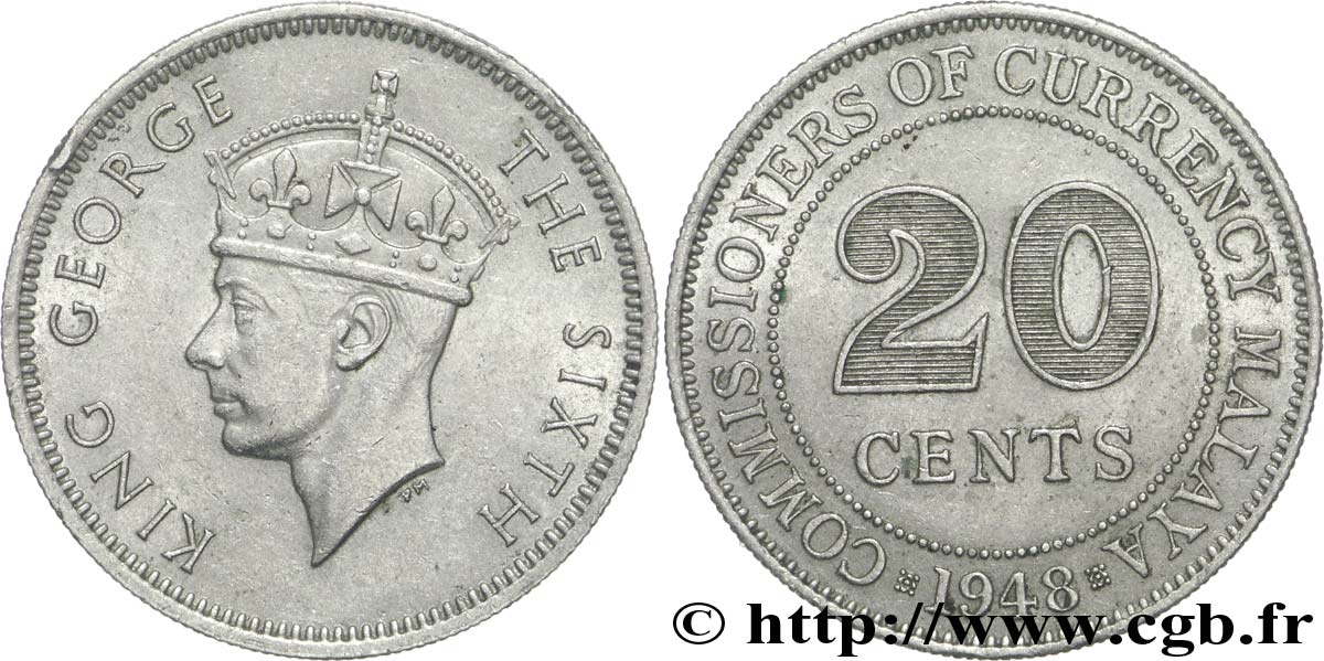 MALESIA 20 Cents Commission Monétaire de Malaisie Georges VI 1948  SPL 