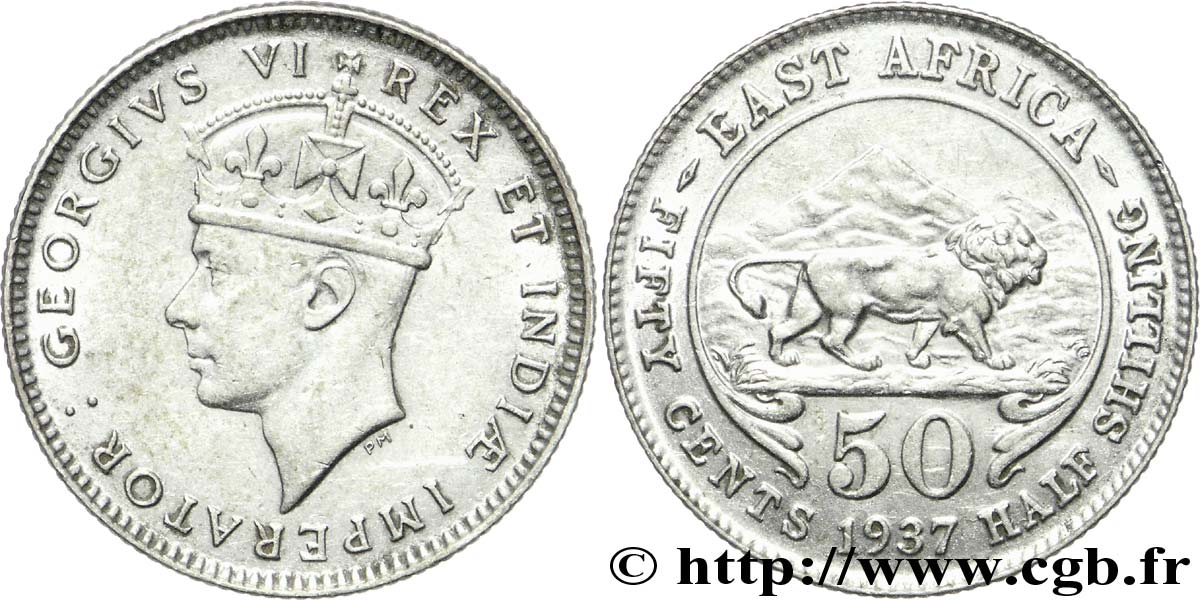 ÁFRICA ORIENTAL BRITÁNICA 50 Cents Georges VI / lion 1937 Heaton - H EBC 