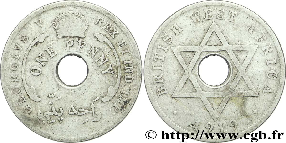 BRITISH WEST AFRICA 1 Penny frappe au nom de Georges V 1919 Heaton VF 