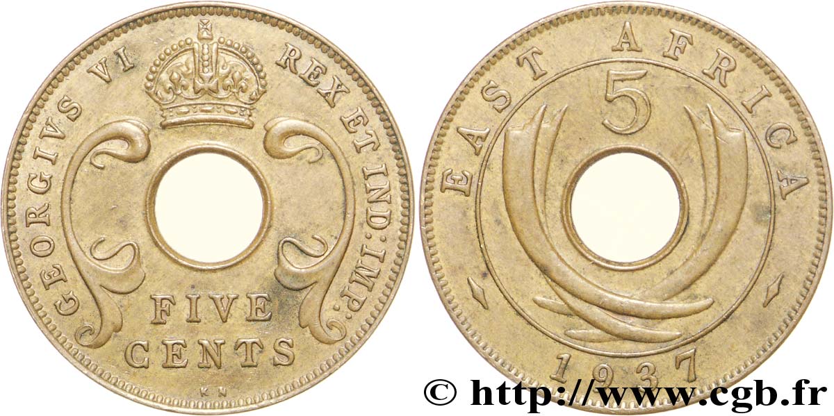 EAST AFRICA (BRITISH) 5 Cents frappe au nom de Georges VI 1937 Pretoria VF 
