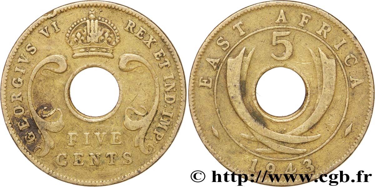 ÁFRICA ORIENTAL BRITÁNICA 5 Cents frappe au nom de Georges VI 1943 Kings Norton - KN BC 