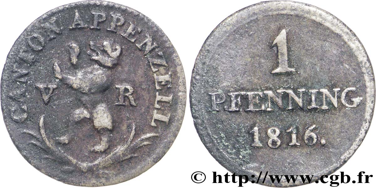 SWITZERLAND - cantons coinage 1 Pfenning canton d’Appenzell 1816  VF 