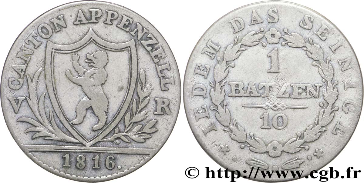 SWITZERLAND - cantons coinage 1 Batzen canton d’Appenzell 1816  VF 