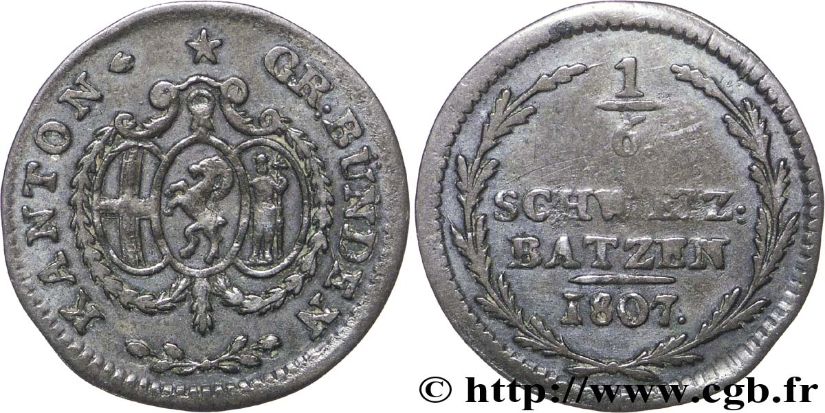 SWITZERLAND - Cantons  coinages 1/6 Batzen - Canton de Graubunden 1807  XF 