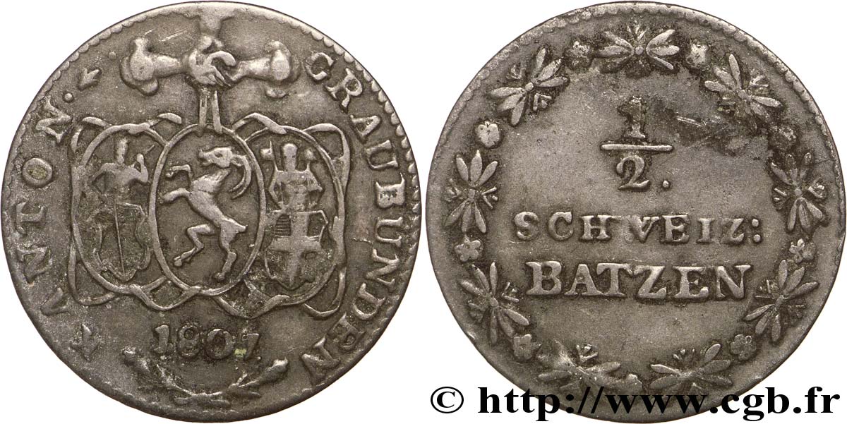 SWITZERLAND - Cantons  coinages 1/2 Batzen - Canton de Graubunden 1807  VF 