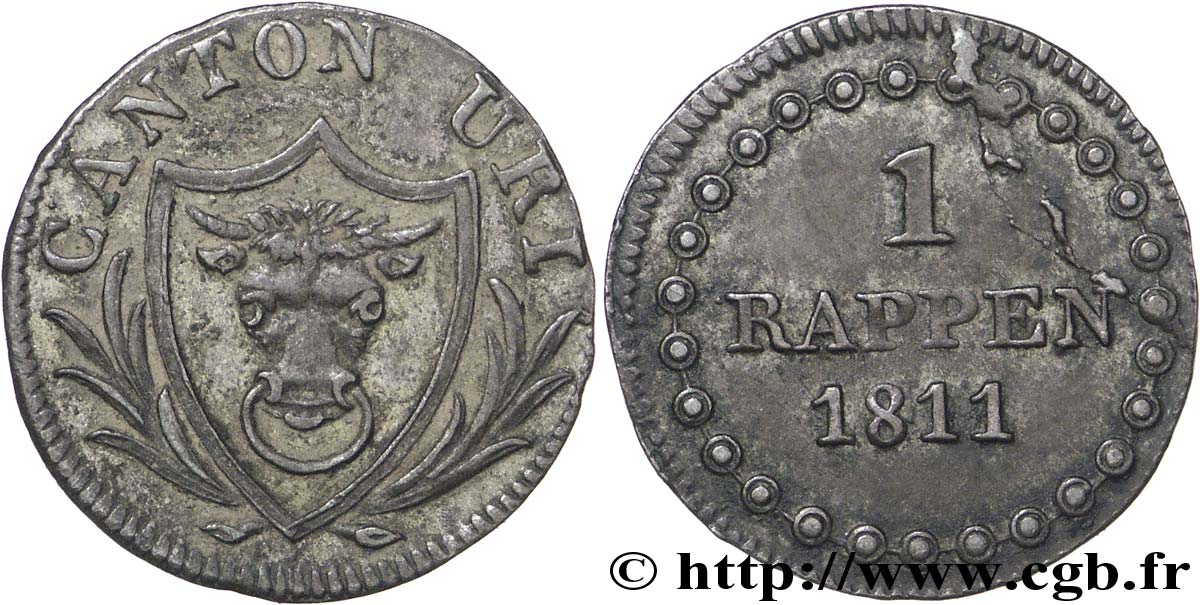 SWITZERLAND - Cantons  coinages 1 Rappen - Canton de Uri 1811  AU 