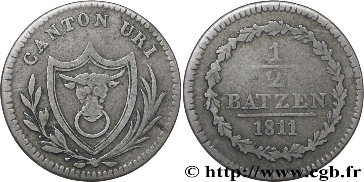 SWITZERLAND - Cantons  coinages 1/2 Batzen - Canton de Uri 1811  VF 