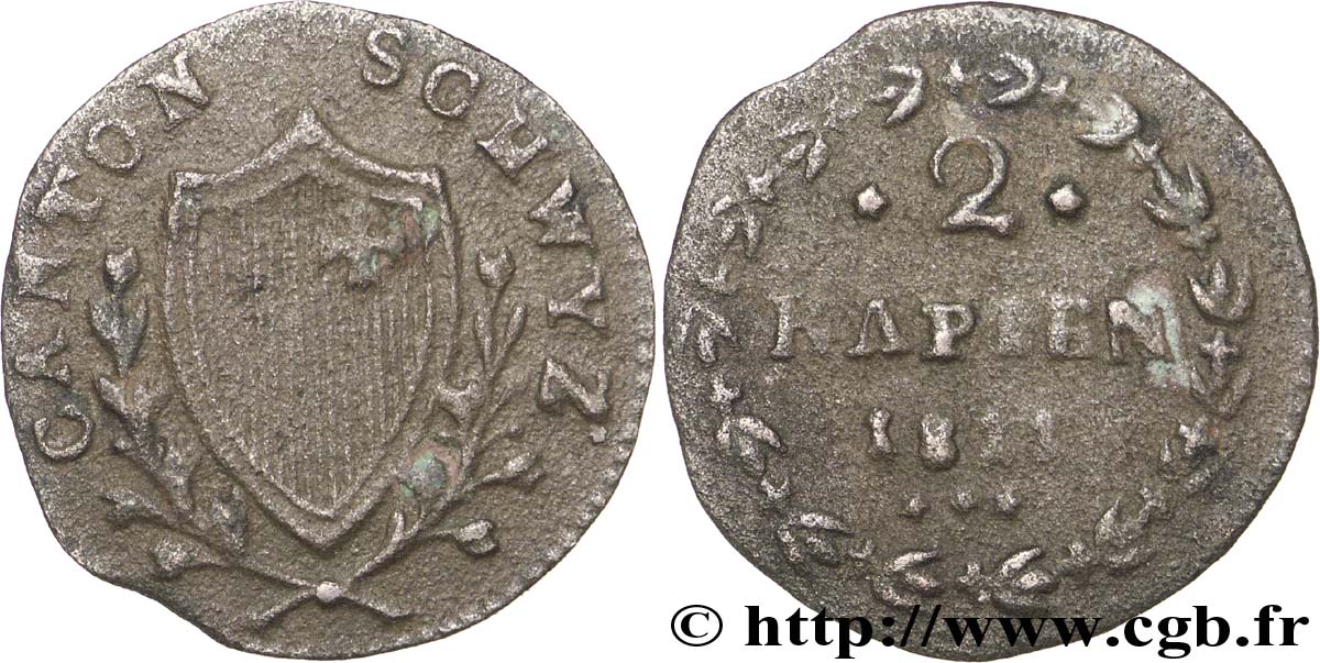 SWITZERLAND - cantons coinage 2 Rappen - Canton de Schwyz 1811  VF 