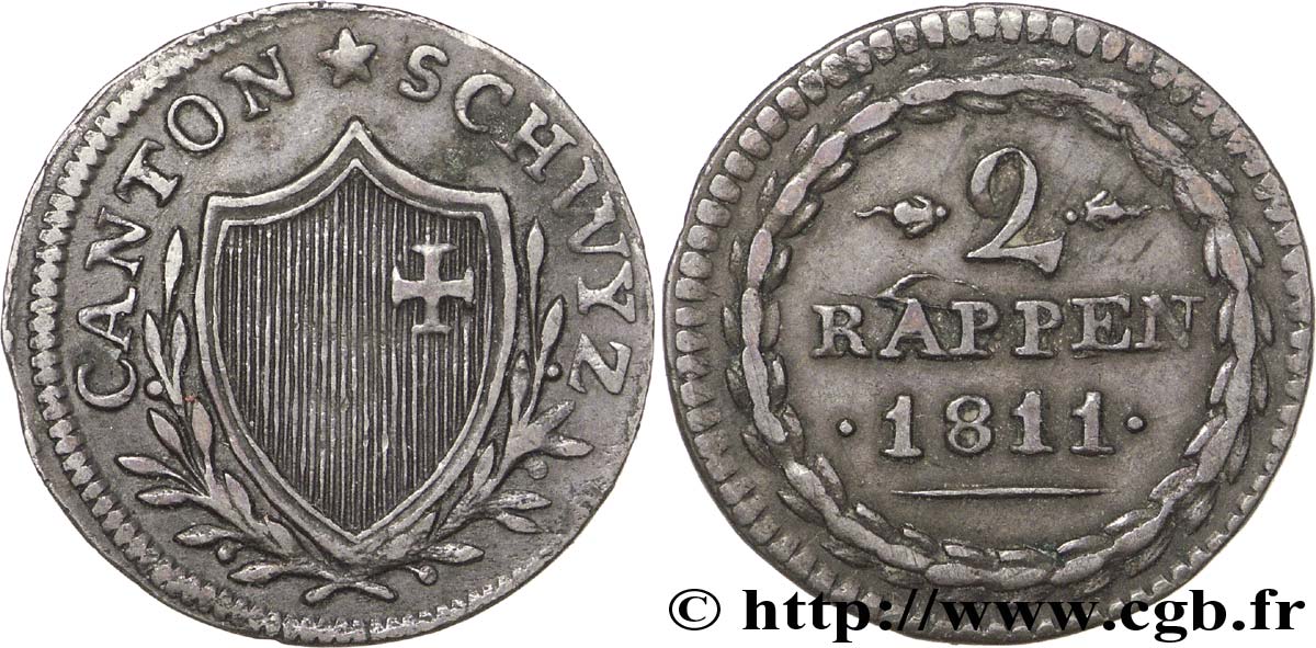SWITZERLAND - Cantons  coinages 2 Rappen - Canton de Schwyz 1811  AU 