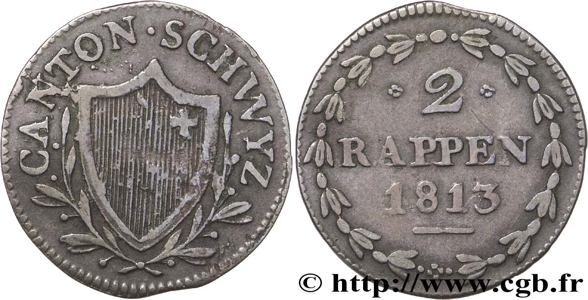 SWITZERLAND - cantons coinage 2 Rappen - Canton de Schwyz 1813  VF 