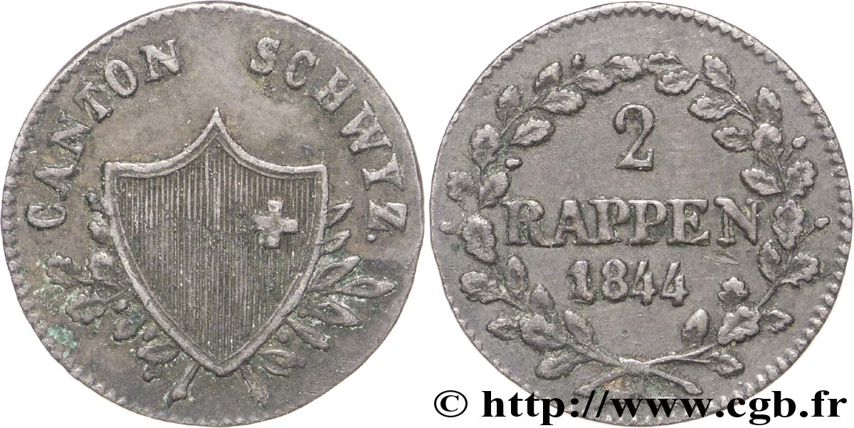 SWITZERLAND - cantons coinage 2 Rappen - Canton de Schwyz 1844  XF 