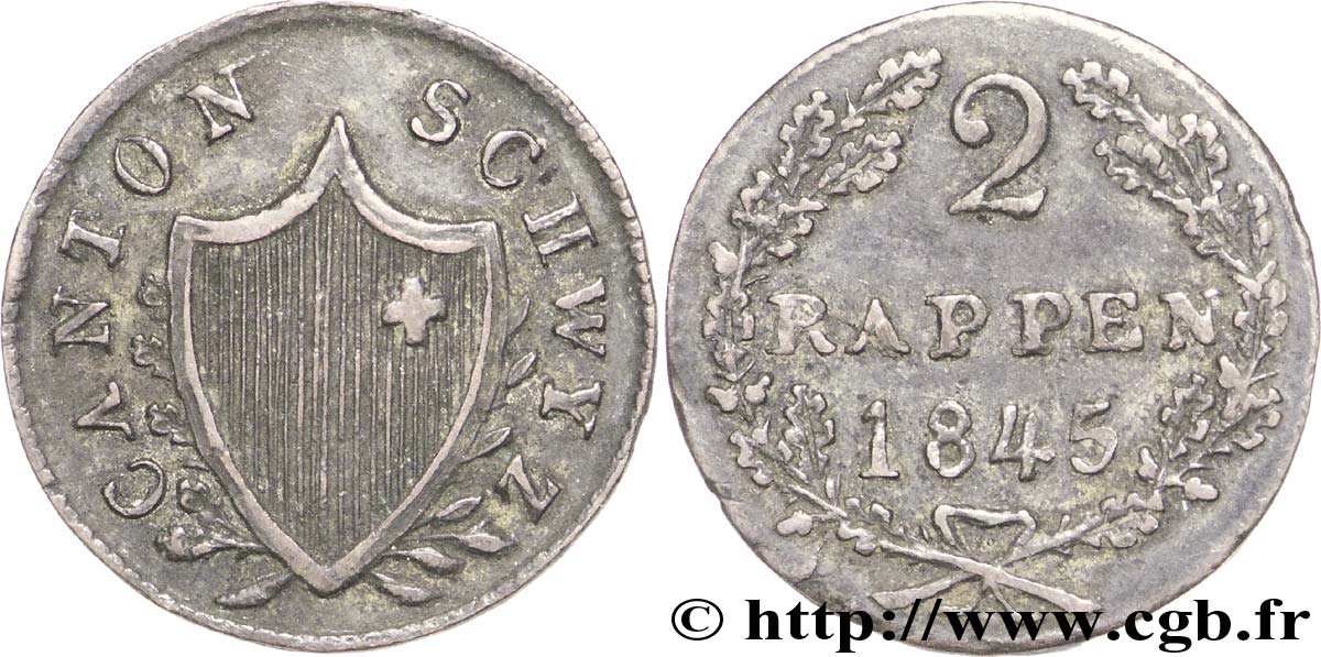 SWITZERLAND - cantons coinage 2 Rappen - Canton de Schwyz 1845  XF 
