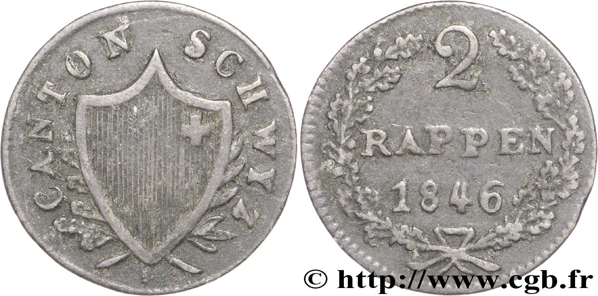 SWITZERLAND - Cantons  coinages 2 Rappen - Canton de Schwyz 1846  VF 