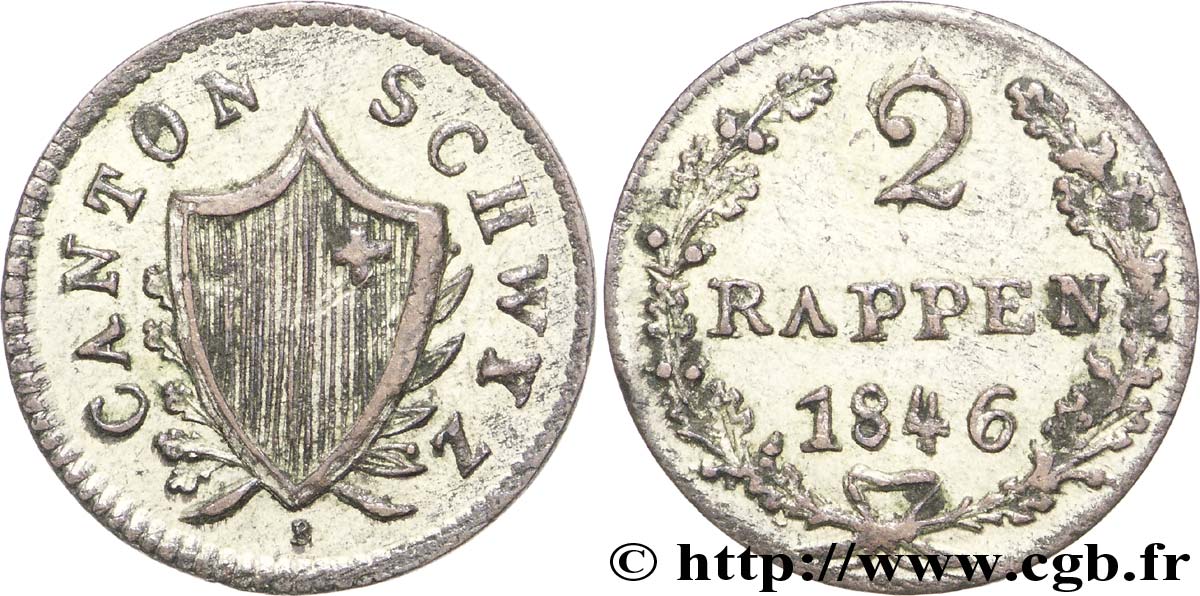 SWITZERLAND - Cantons  coinages 2 Rappen - Canton de Schwyz 1846  XF 
