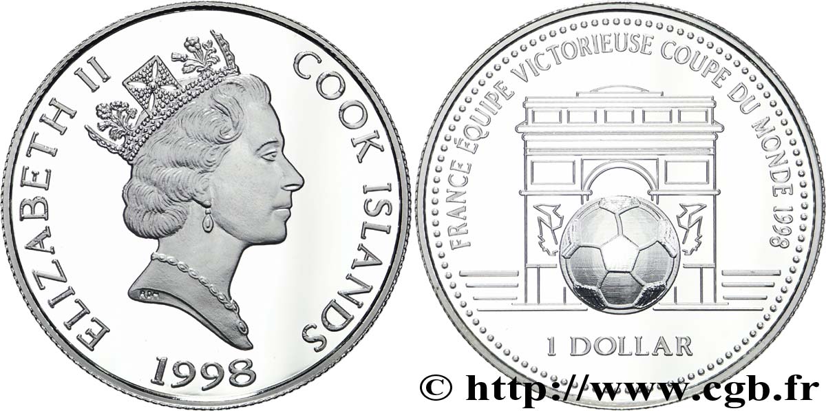 COOK ISLANDS 1 Dollar victoire de la France à coupe du monde de football : Elisabeth II / arc de triomphe 1998  MS 