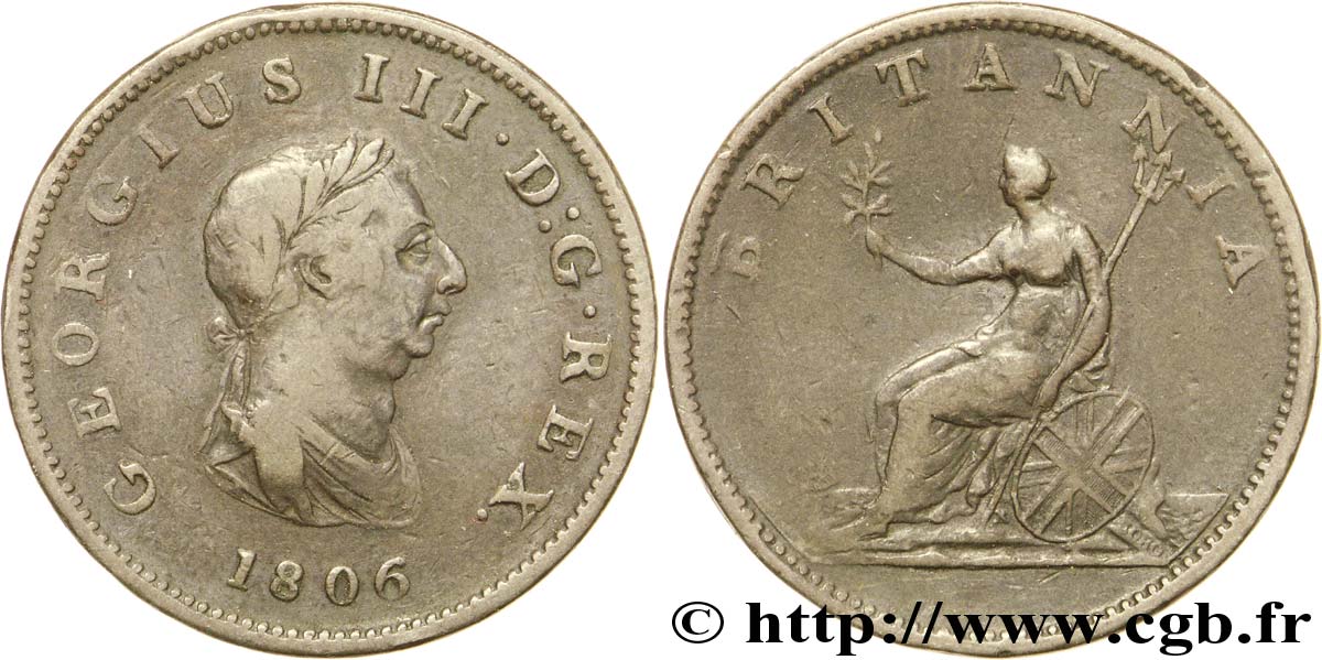 VEREINIGTEN KÖNIGREICH 1/2 Penny Georges III tête laurée 1806  S 