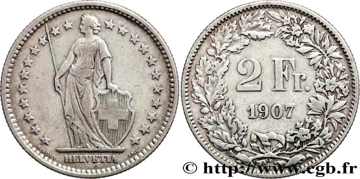 SCHWEIZ 2 Francs Helvetia 1907 Berne - B SS 