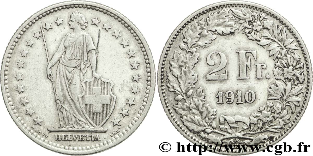 SWITZERLAND 2 Francs Helvetia 1910 Berne - B AU 