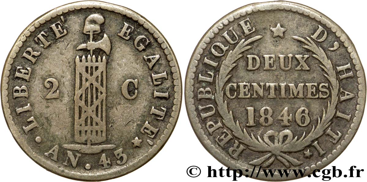 HAITI 2 Centimes faisceau, an 43 1846  VF 