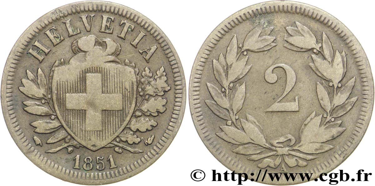 SVIZZERA  2 Centimes (Rappen) croix suisse 1851 Paris - A MB 