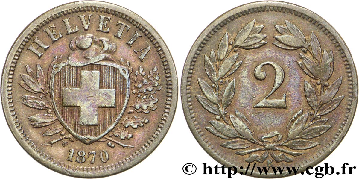 SUISSE 2 Centimes (Rappen) croix suisse 1870 Berne - B TTB+ 