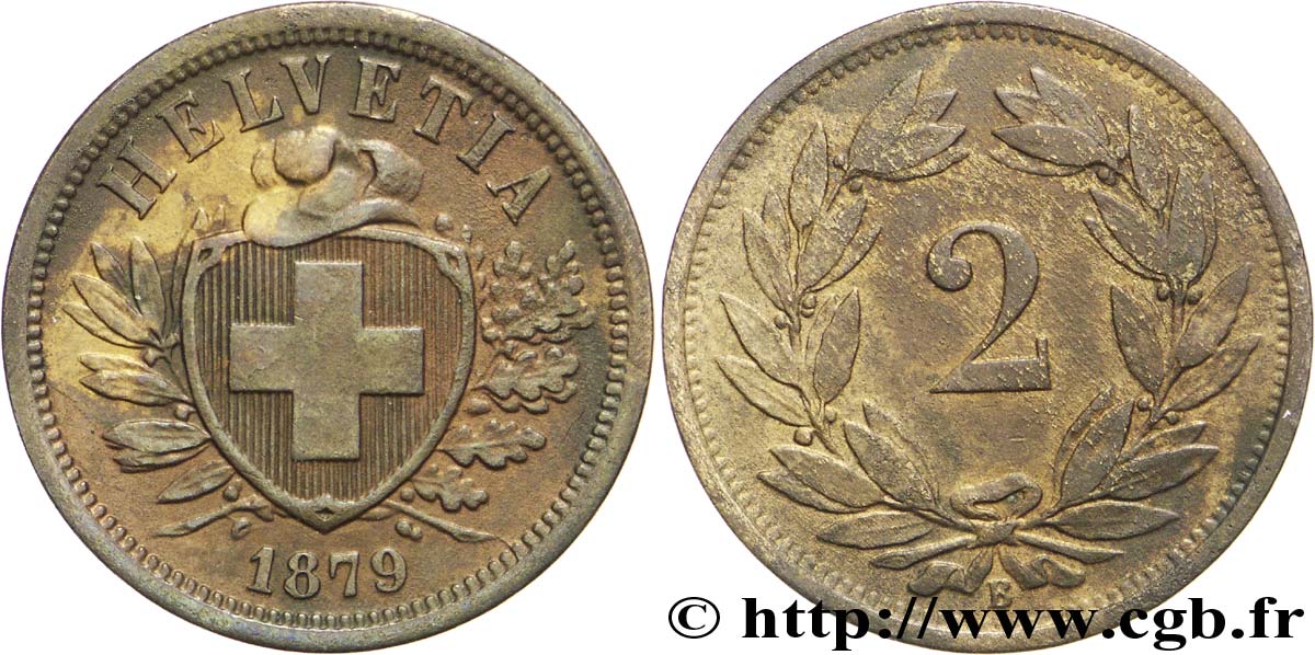 SCHWEIZ 2 Centimes (Rappen) croix suisse 1879 Berne - B VZ 