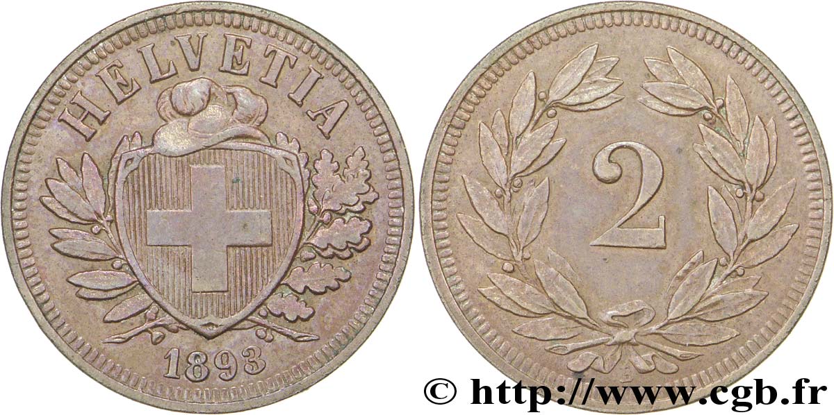 SUIZA 2 Centimes (Rappen) croix suisse 1893 Berne - B EBC 