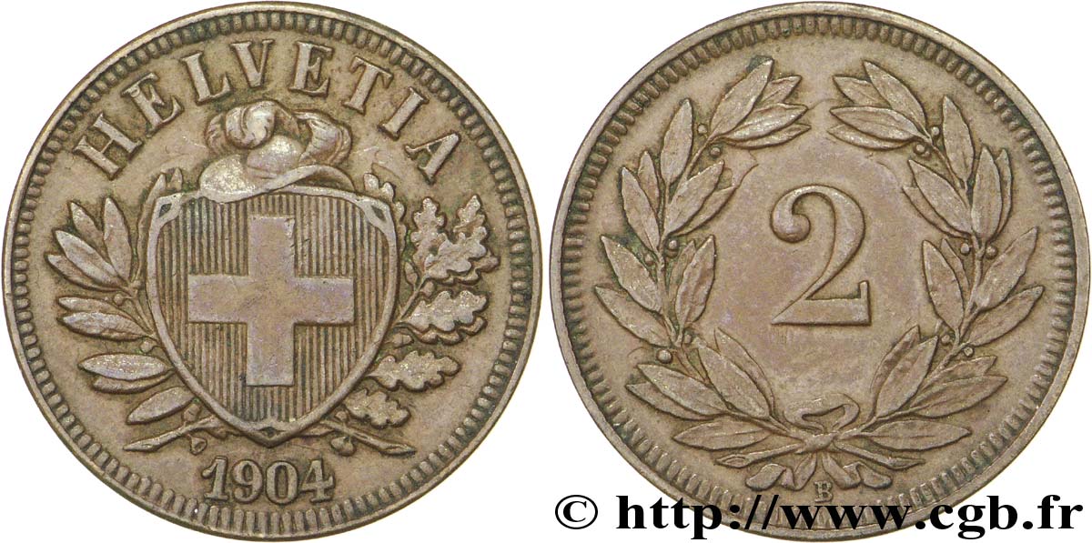 SCHWEIZ 2 Centimes (Rappen) croix suisse 1904 Berne - B VZ 