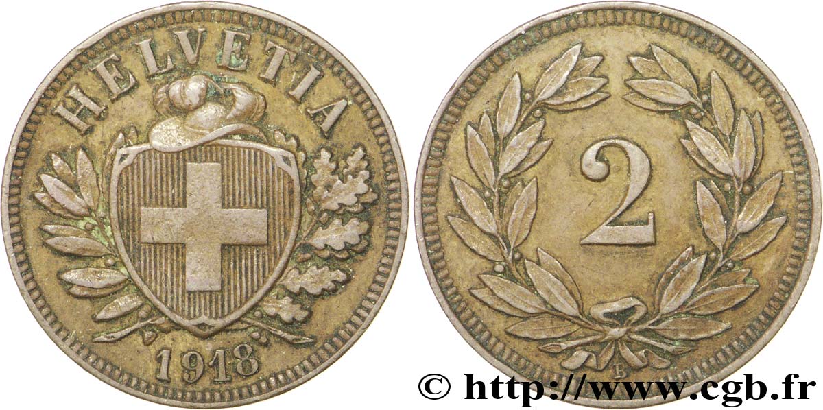 SWITZERLAND 2 Centimes (Rappen) 1918 Berne - B AU 