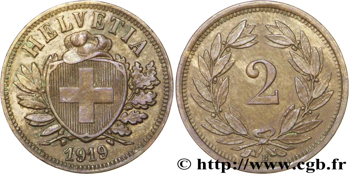SWITZERLAND 2 Centimes (Rappen) croix suisse 1919 Berne - B AU 