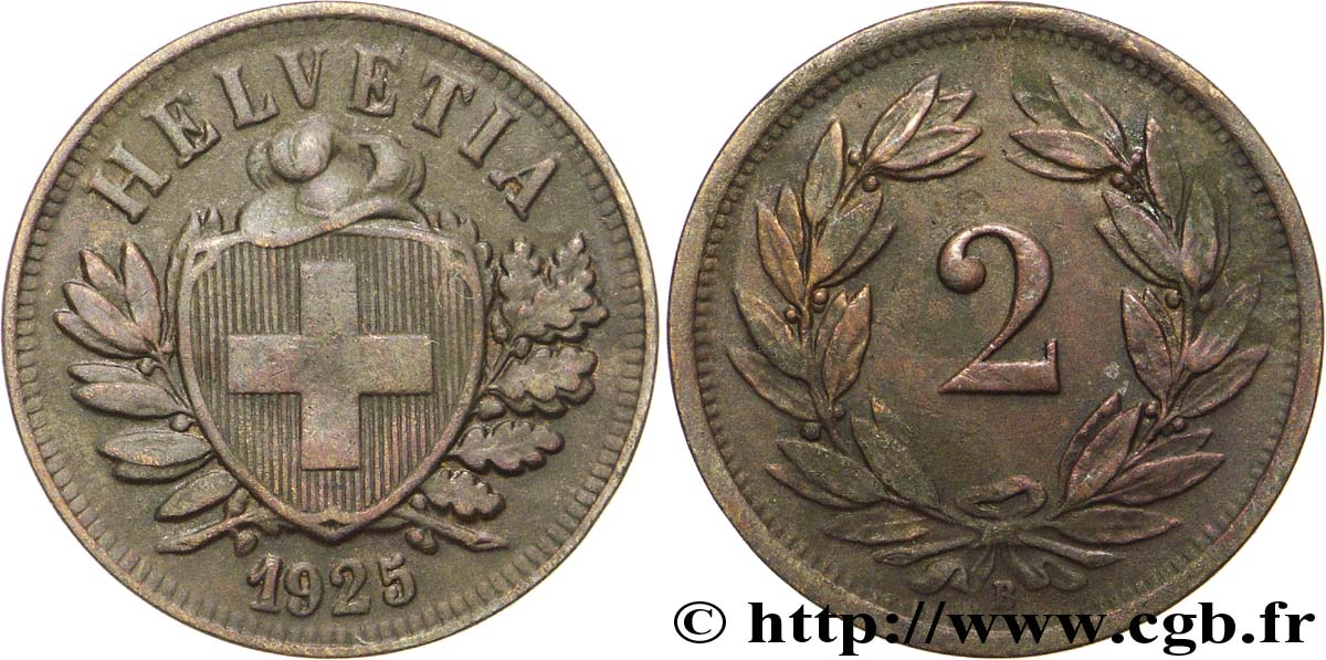 SCHWEIZ 2 Centimes (Rappen) croix suisse 1925 Berne - B VZ 