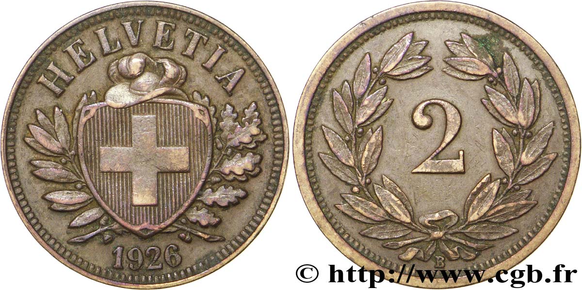 SCHWEIZ 2 Centimes (Rappen) croix suisse 1926 Berne - B fVZ 