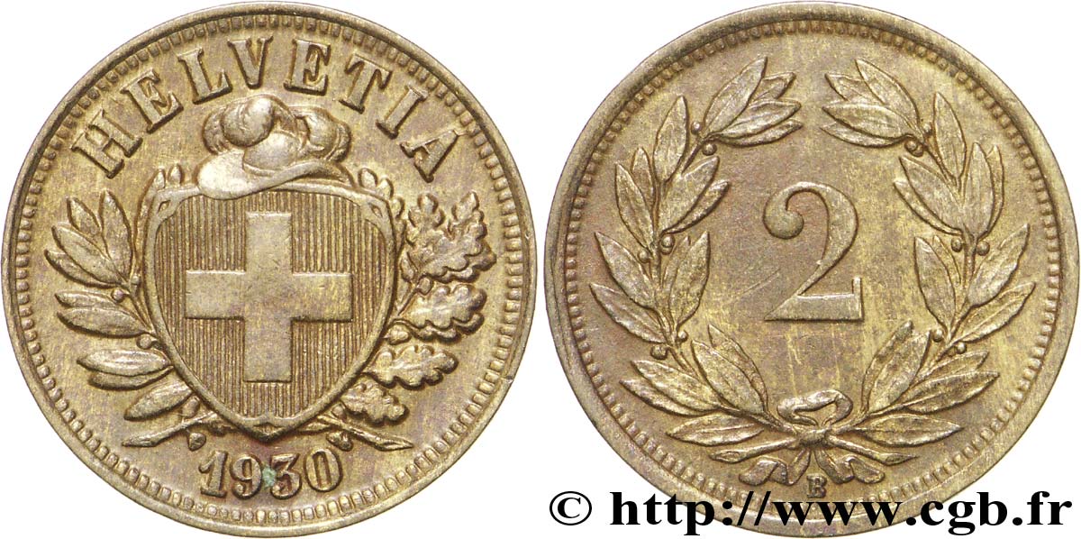 SCHWEIZ 2 Centimes (Rappen) croix suisse 1930 Berne - B VZ 