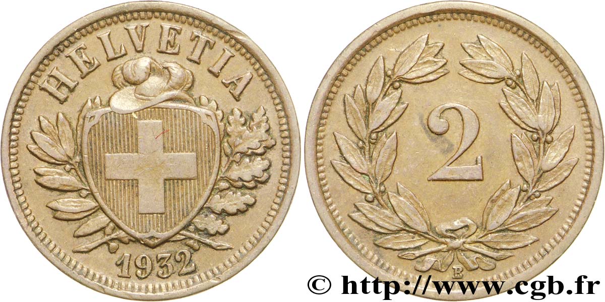 SCHWEIZ 2 Centimes (Rappen) croix suisse 1932 Berne - B VZ 