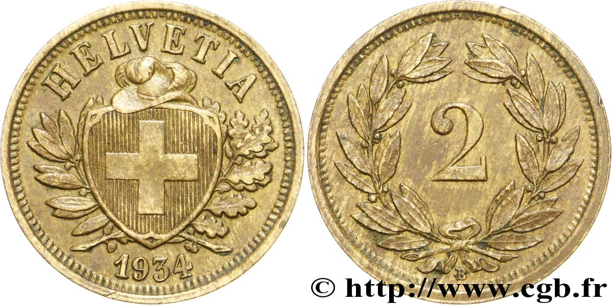 SCHWEIZ 2 Centimes (Rappen) croix suisse 1934 Berne - B VZ 