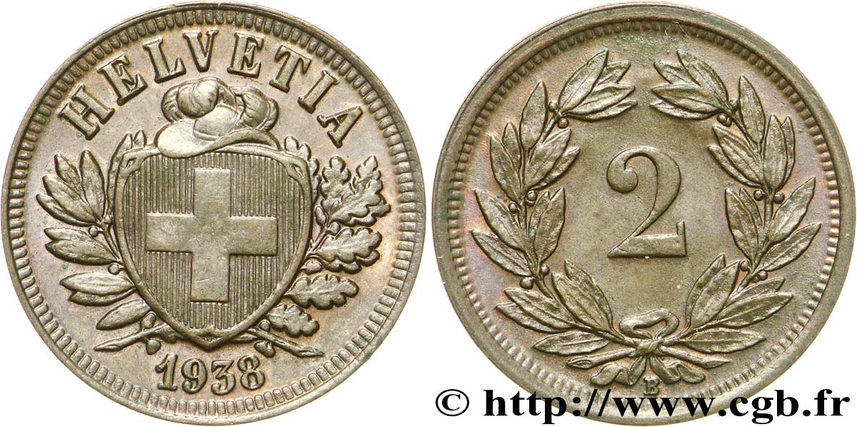 SVIZZERA  2 Centimes (Rappen) croix suisse 1938 Berne - B SPL 