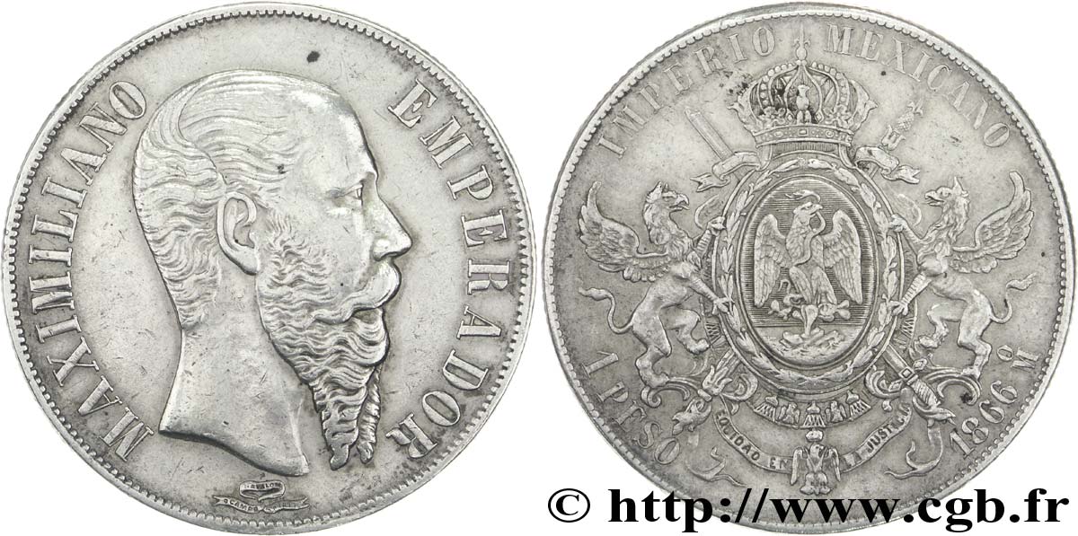 MEXICO 1 Peso Empereur Maximilien 1866 Mexico AU 