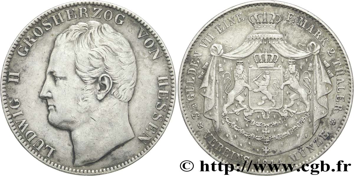 ALEMANIA - HESSE Double Thaler grand-duc Louis II de Hesse / manteau d’armes 1844 Darmstadt MBC 
