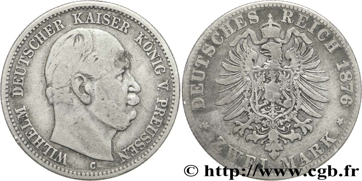 GERMANY - PRUSSIA 2 Mark royaume de Prusse Guillaume Ier, 1e type / aigle héraldique 1876 Francfort - C VF 