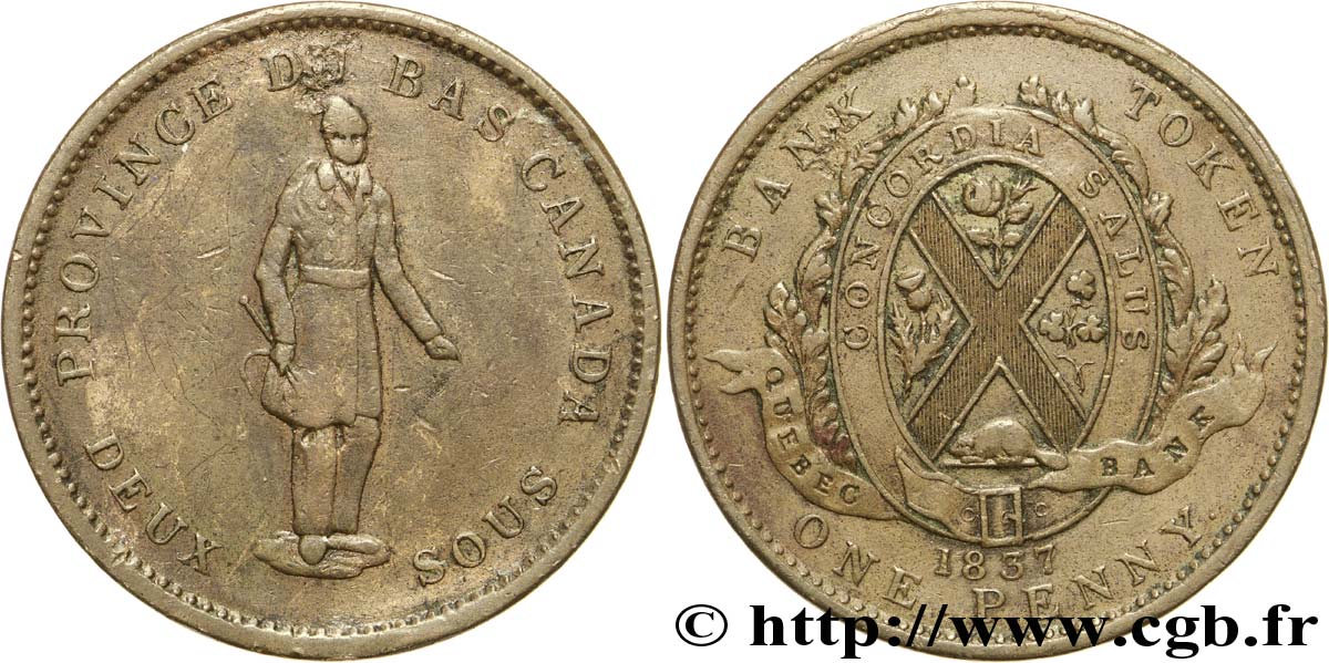 CANADA 2 Sous (1 Penny) Province du Bas Canada, Québec 1837 Boulton & Watt AU 