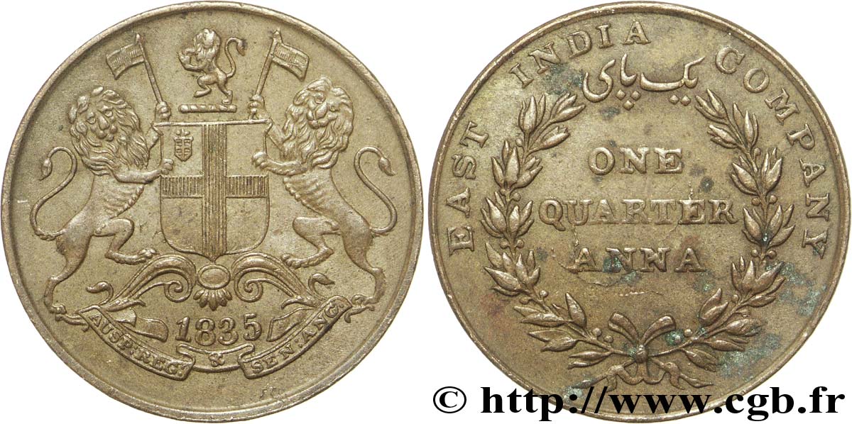 BRITISH INDIA 1/4 Anna East India Company 1835  AU 