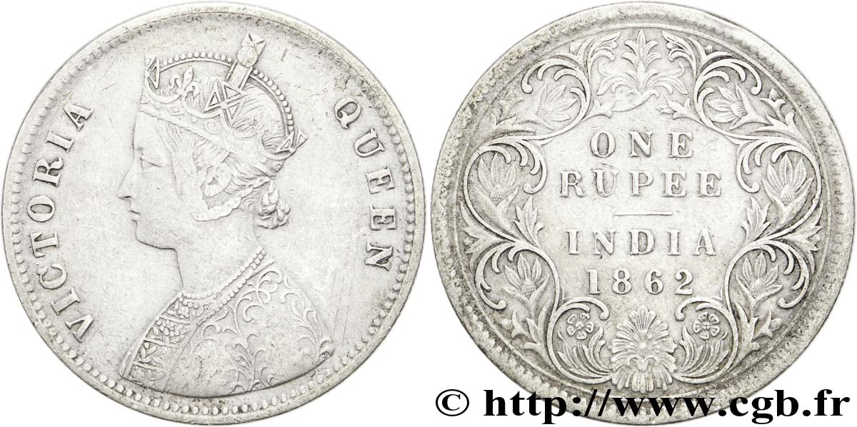 INDIA BRITÁNICA 1 Roupie Victoria buste A revers de type I 1862   Calcutta MBC 