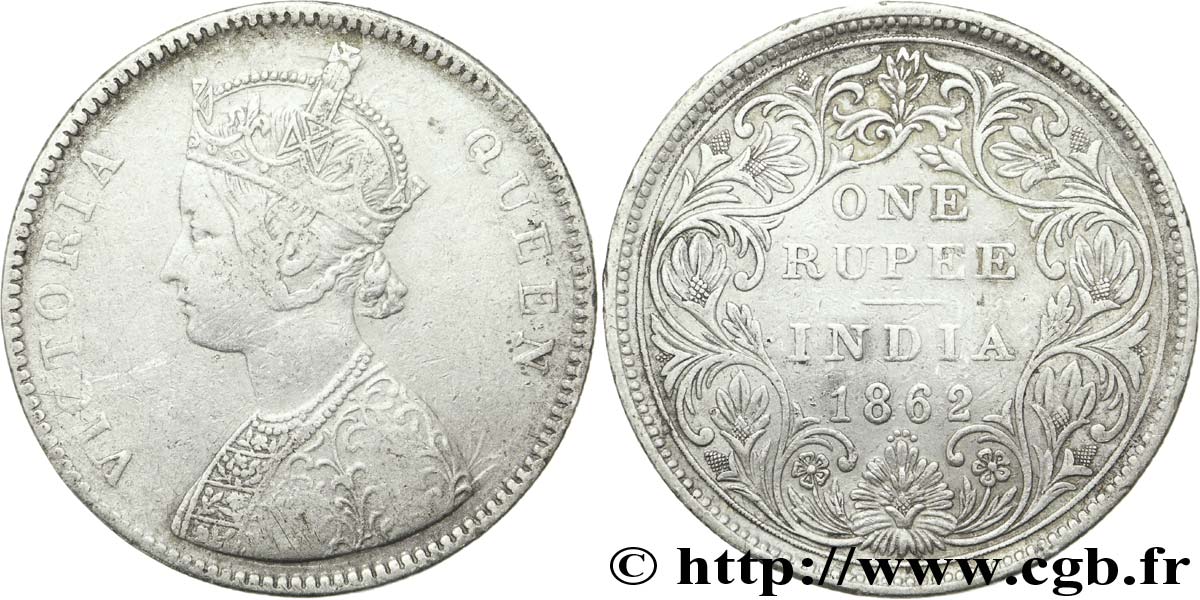 BRITISH INDIA 1 Roupie Victoria buste A revers de type II 1862  Calcutta XF 