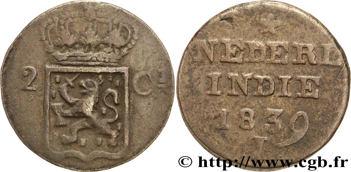 NIEDERLÄNDISCH-INDIEN 2 Cents (Double Duit) aux armes d’Utrecht pour Sumatra 1839  fS 