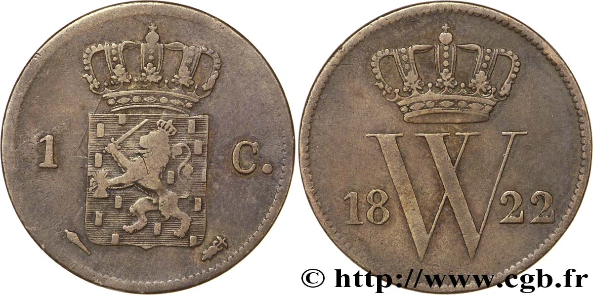 NETHERLANDS 1 Cent  emblème monogramme de Guillaume Ier 1822 Utrecht VF 