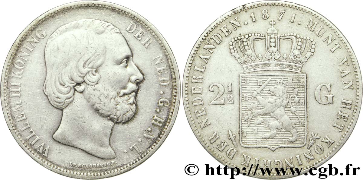 PAíSES BAJOS 2 1/2 Gulden Guillaume III 1871 Utrecht BC+ 