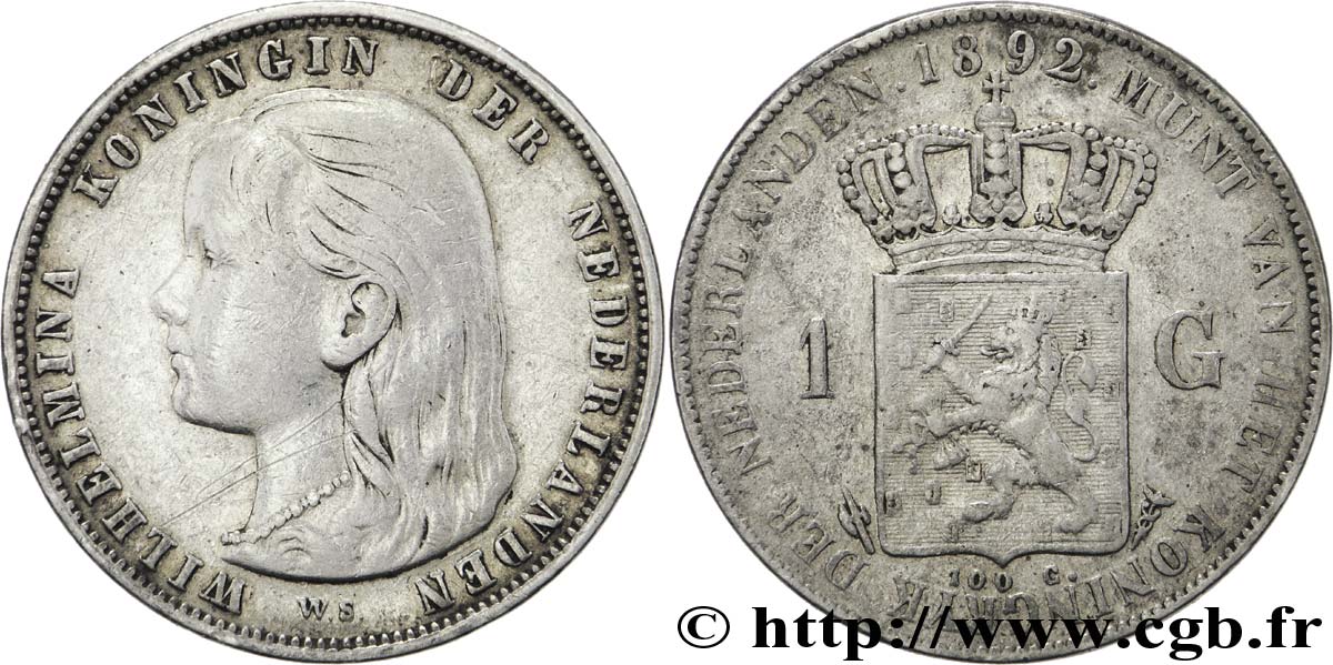 PAESI BASSI 1 Gulden Wilhelmina 1892 Utrecht q.BB 