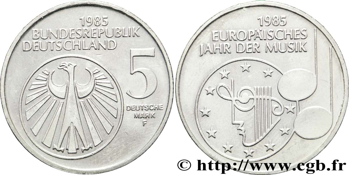 DEUTSCHLAND 5 Mark aigle héraldique / année européenne de la musique 1985 Stuttgart - F VZ 